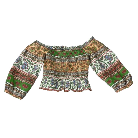 ZARA Top Womens Small Ruffled Straight Neck Crop Smocked Linen Blend Printed - Picture 1 of 8